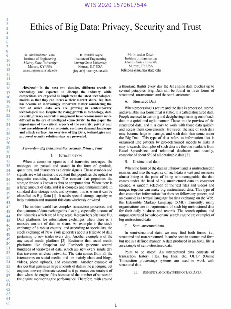 Ethics of Big Data Privacy, Security and Trust | PDF