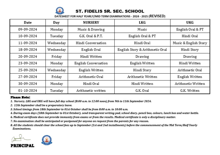 LKG & UKG Half Yearly Exam Timetable 2024 | PDF
