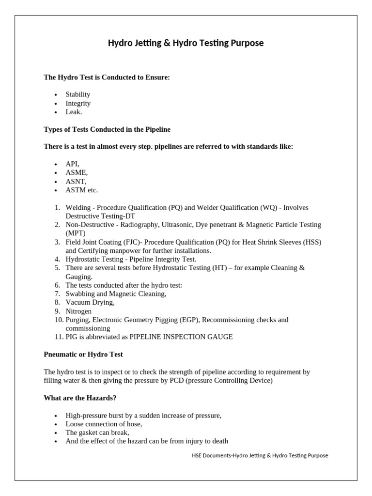 Hydro Jetting & Hydro Testing Purpose | PDF