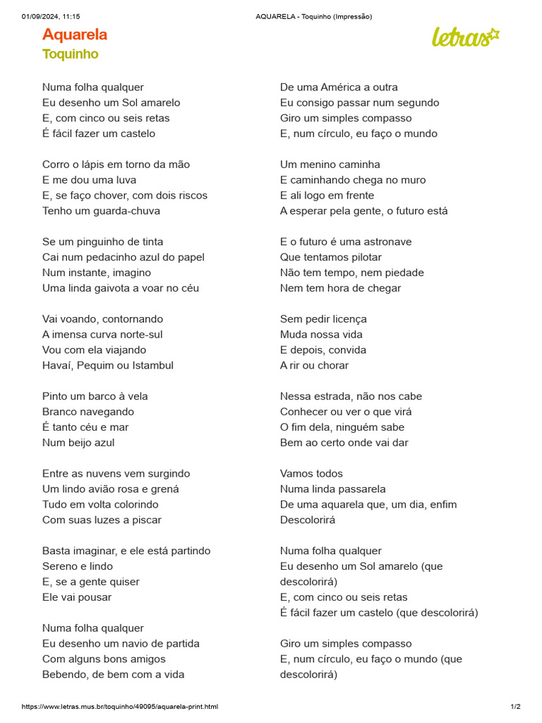 Aquarela Toquinho Impressão Pdf