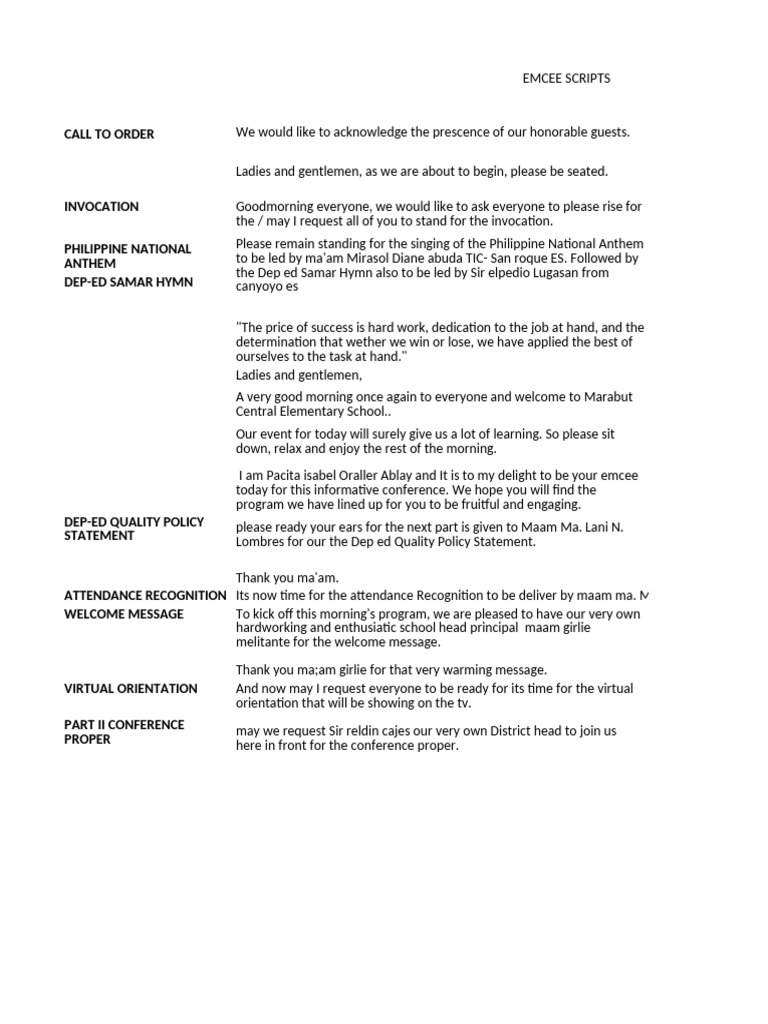 Emcee Script | PDF