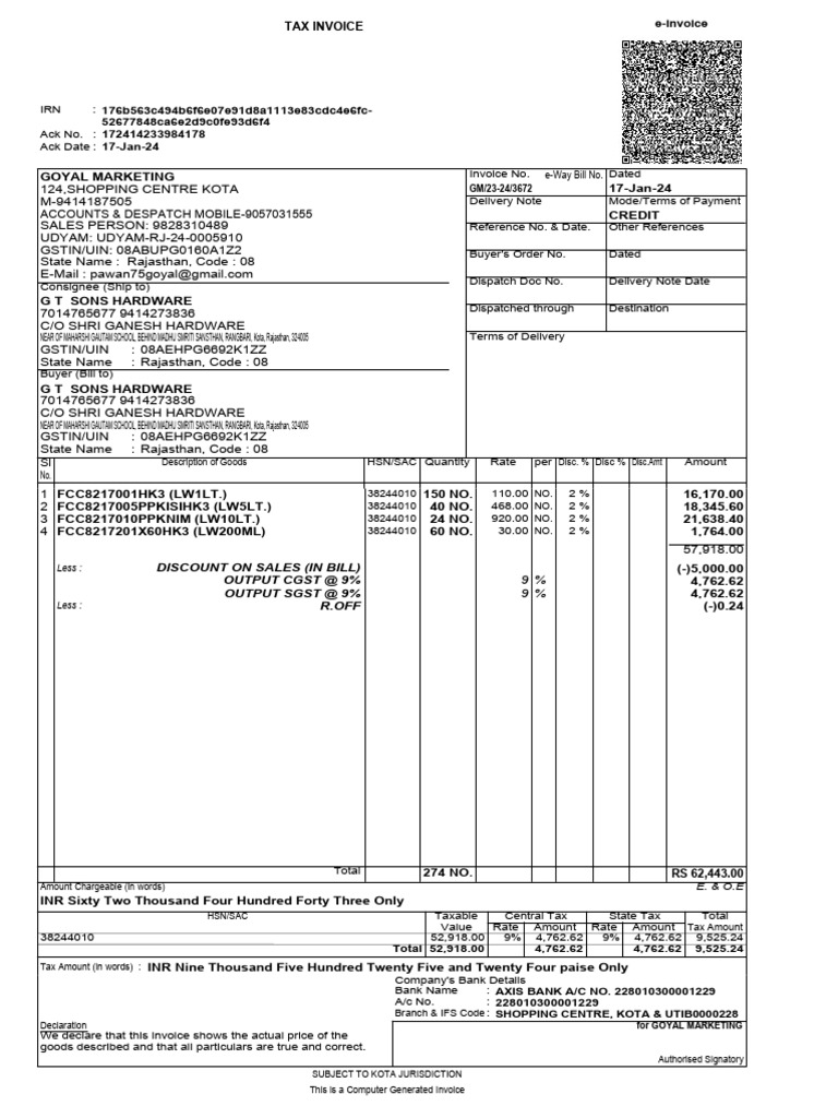 GT Sons Hardware Bill Copy 3672 | PDF