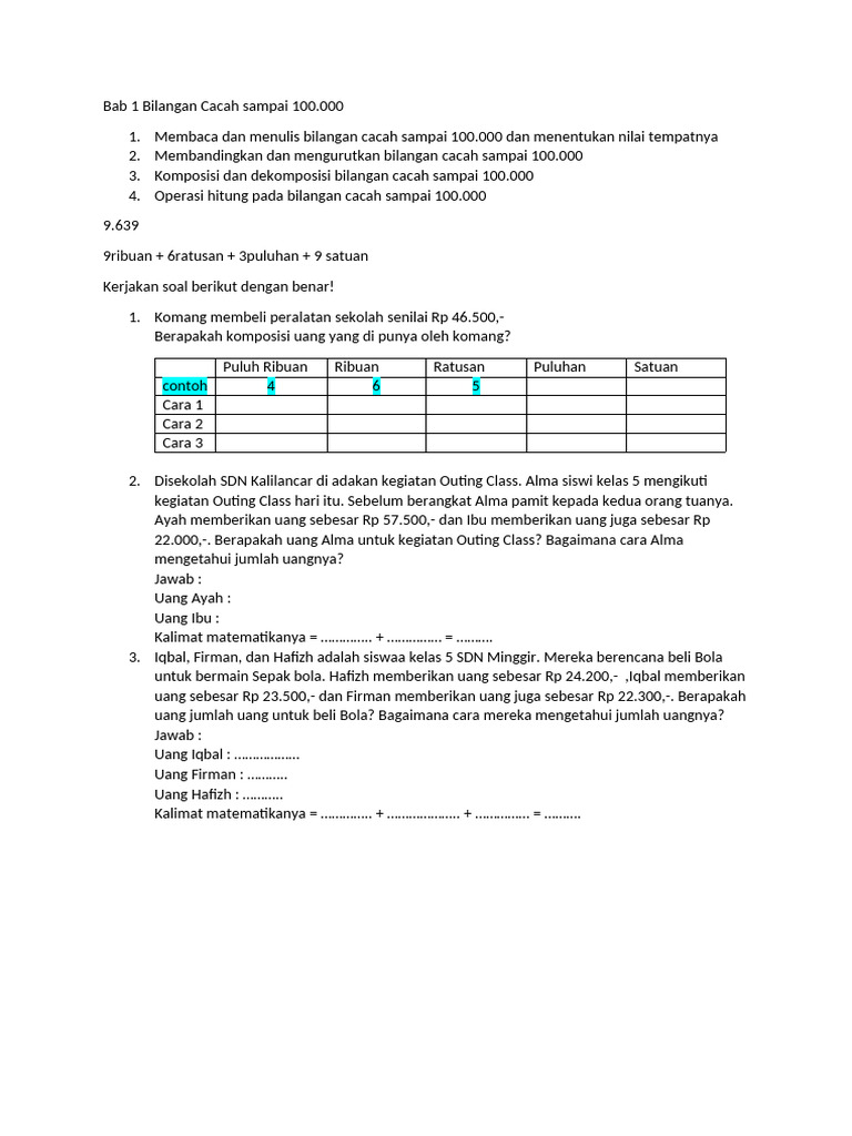 Bab 1 Bilangan Cacah Sampai 100 Kelas 5 | PDF