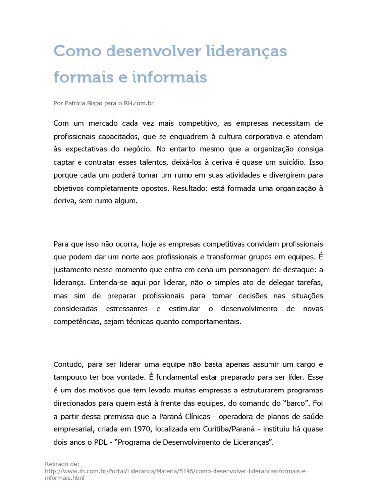 Como Desenvolver Lideranças Formais e Informais | PDF