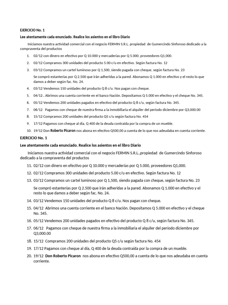 Ejercicio No 1 Libro Diario Pdf
