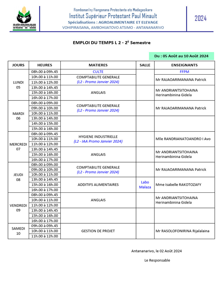 Emploi Du Temps L2 AU 2023 2024 008 | PDF