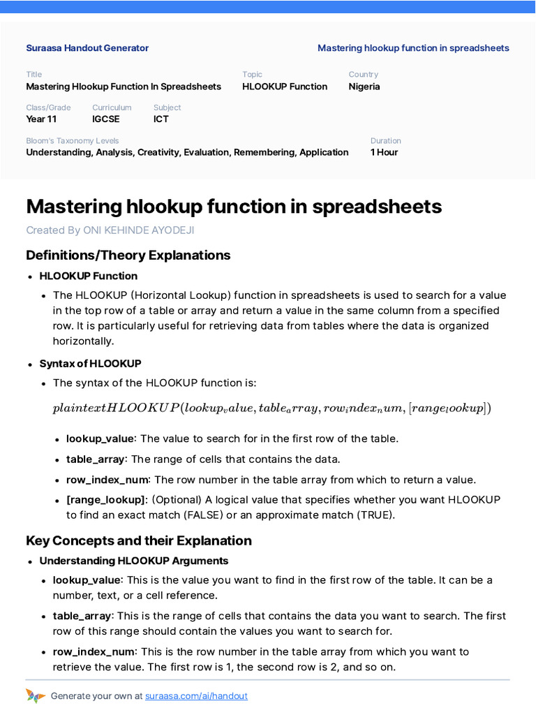 Master HLOOKUP in Spreadsheets | PDF | Spreadsheet | Teaching Methods ...