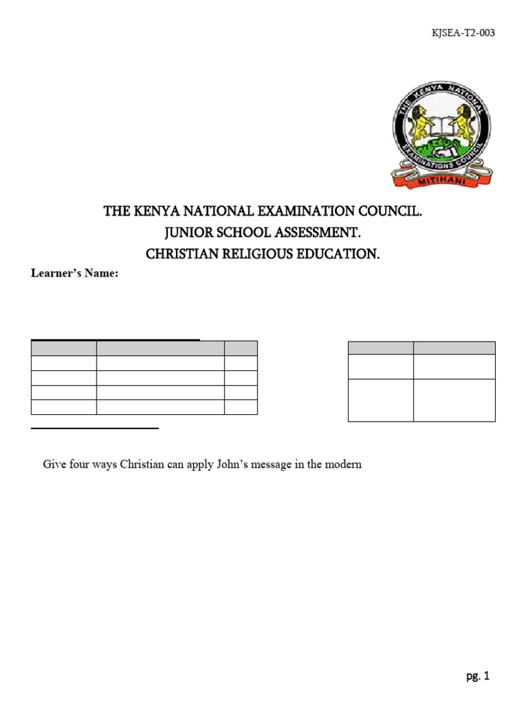 Grade 7 Christian Education Assessment | PDF | Kenya | Finance & Money ...