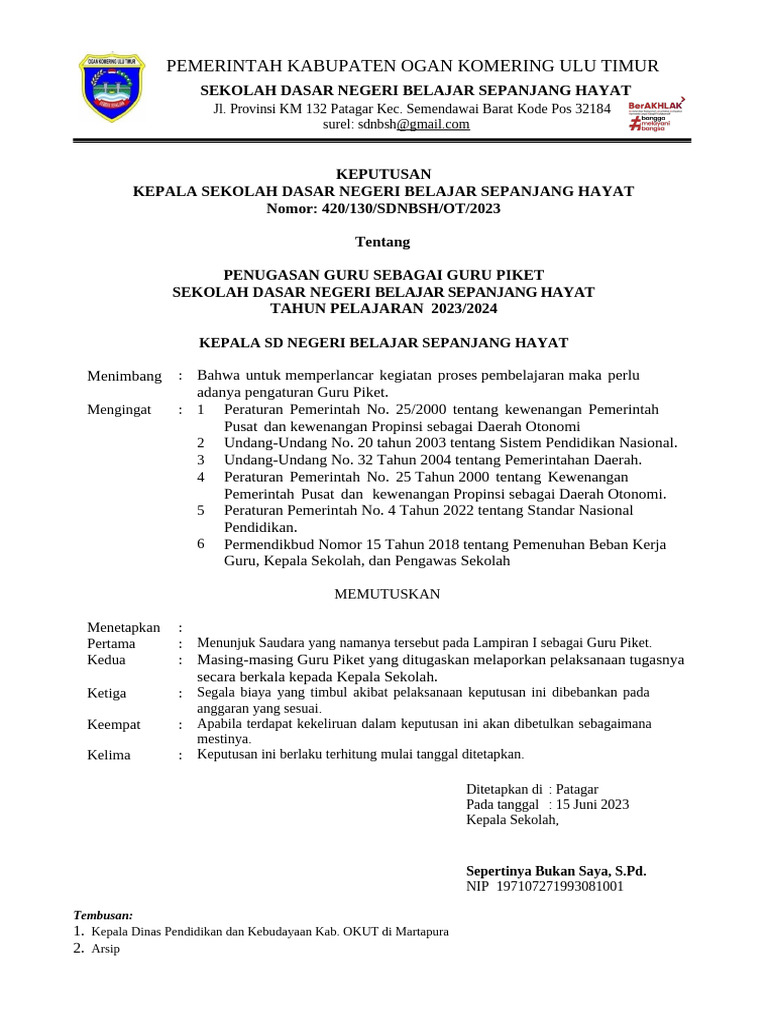 Hanya Contoh SK Guru Piket | PDF