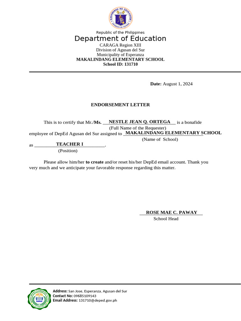 Sample deped email endorsement letter pdf