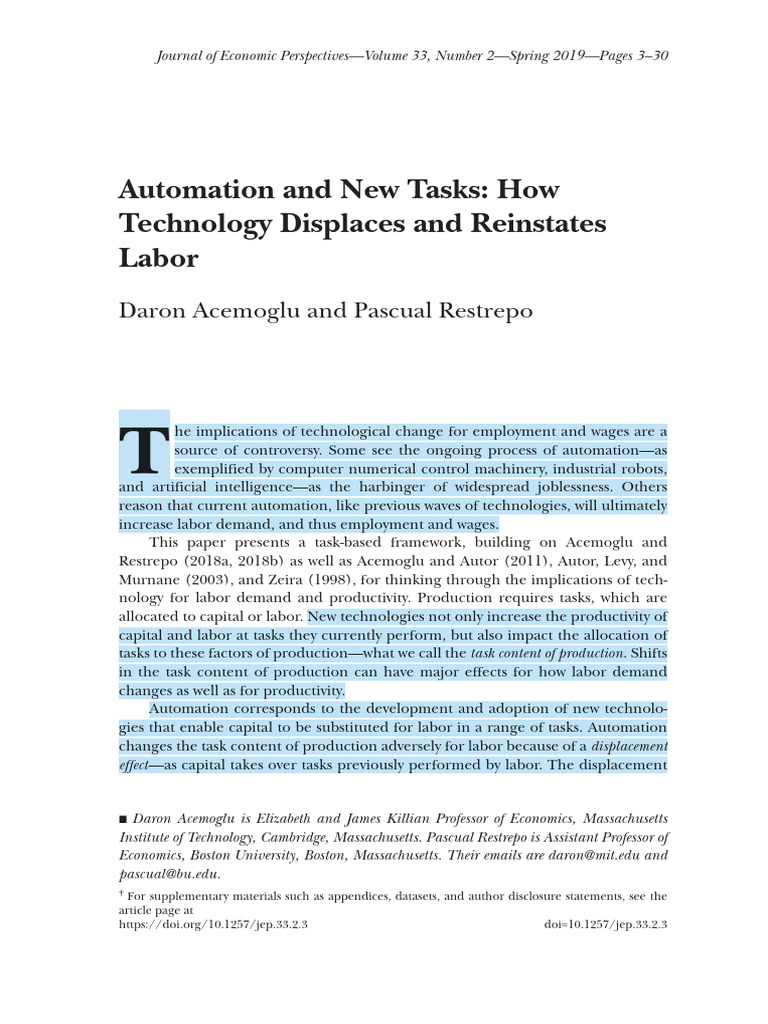 Acemoglu Restrepo 2019 Automation and New Tasks How Technology ...