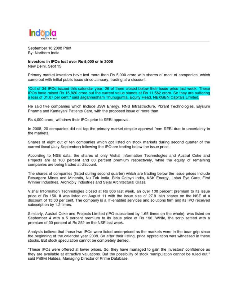Indopia - Sept 16, 2008 - Investors in IPOs Lost Over Rs 5,000 CR in