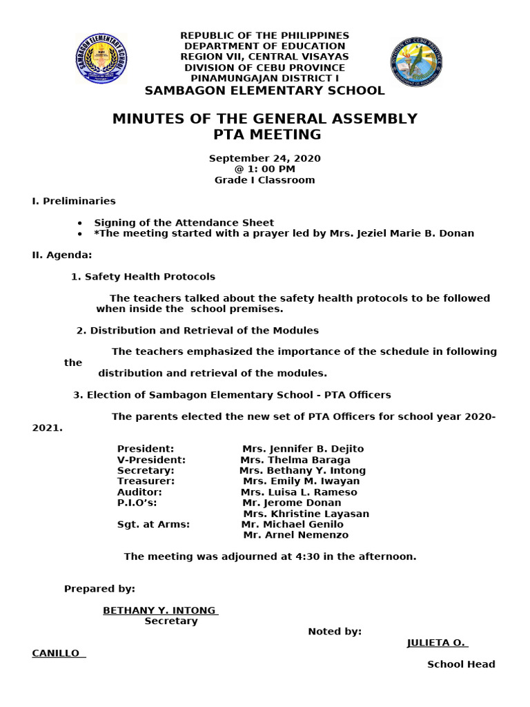PTA Minutes General Assembly | PDF