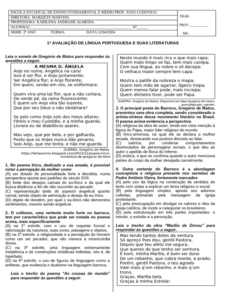 1 Avaliação LP 2º Ano | PDF