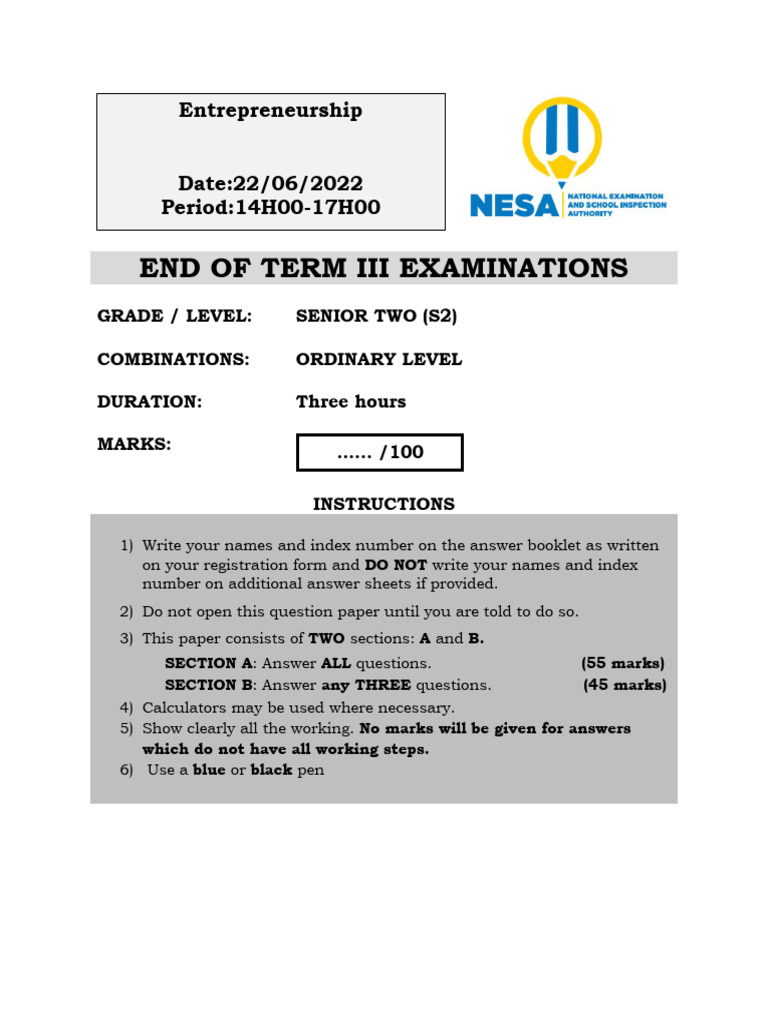 S2 Entrepreneurship Exam Paper 2022 | PDF | Taxes | Business