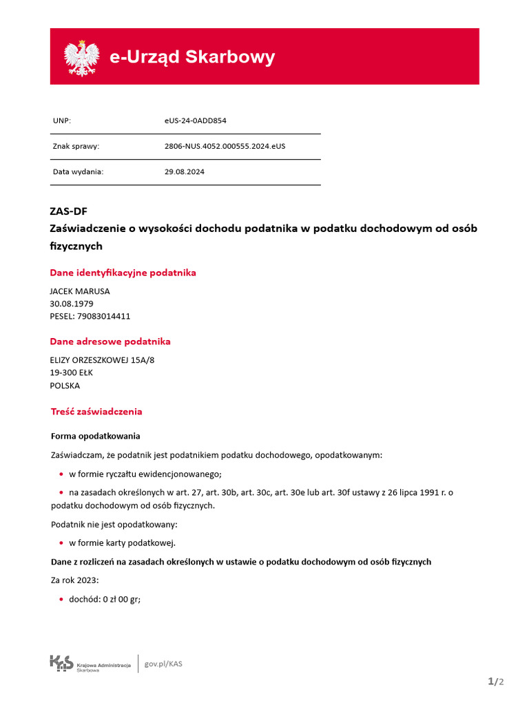 Zaświadcbzenie o Dochodach ZAS DF 29-08-2024 08-45 | PDF