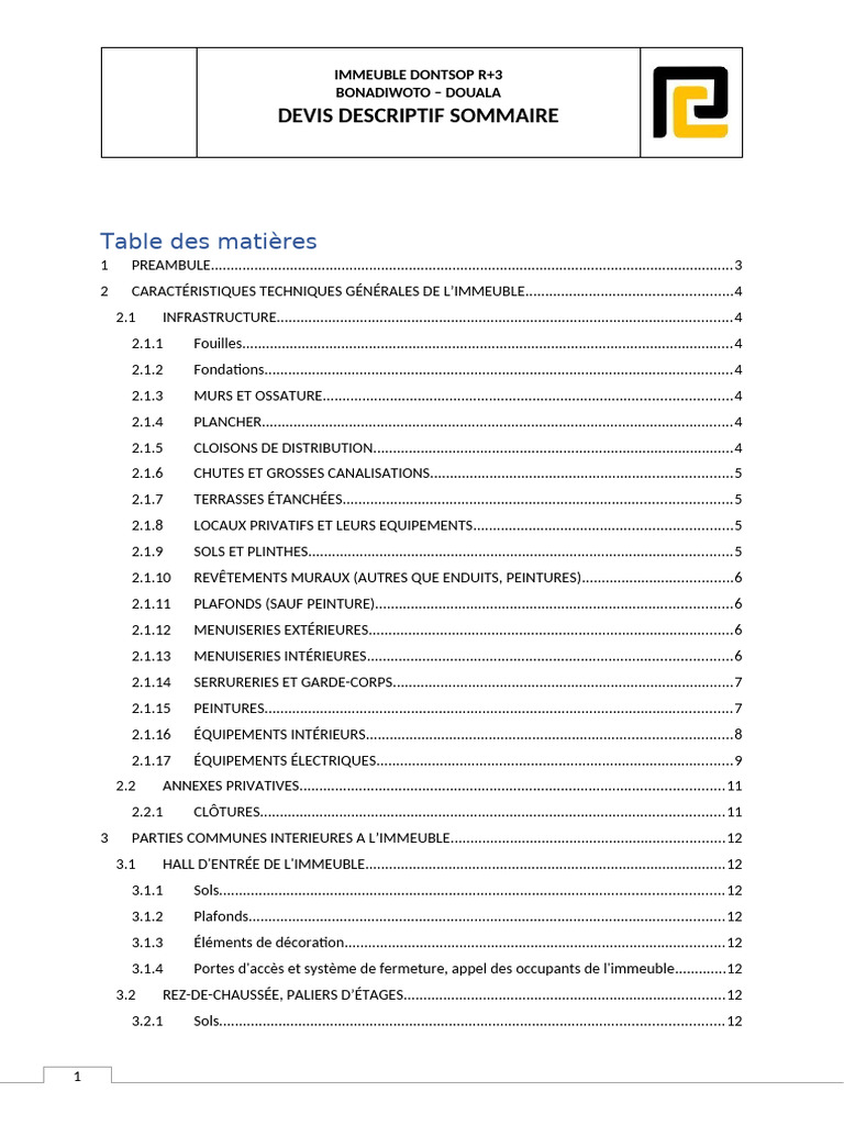 Devis descriptif de l'immeuble Dontsop | PDF | Fondation (construction ...