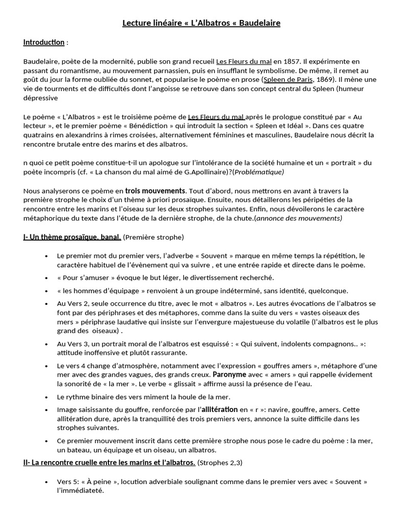 Lecture Linéaire de L'albatros Baudelaire | PDF