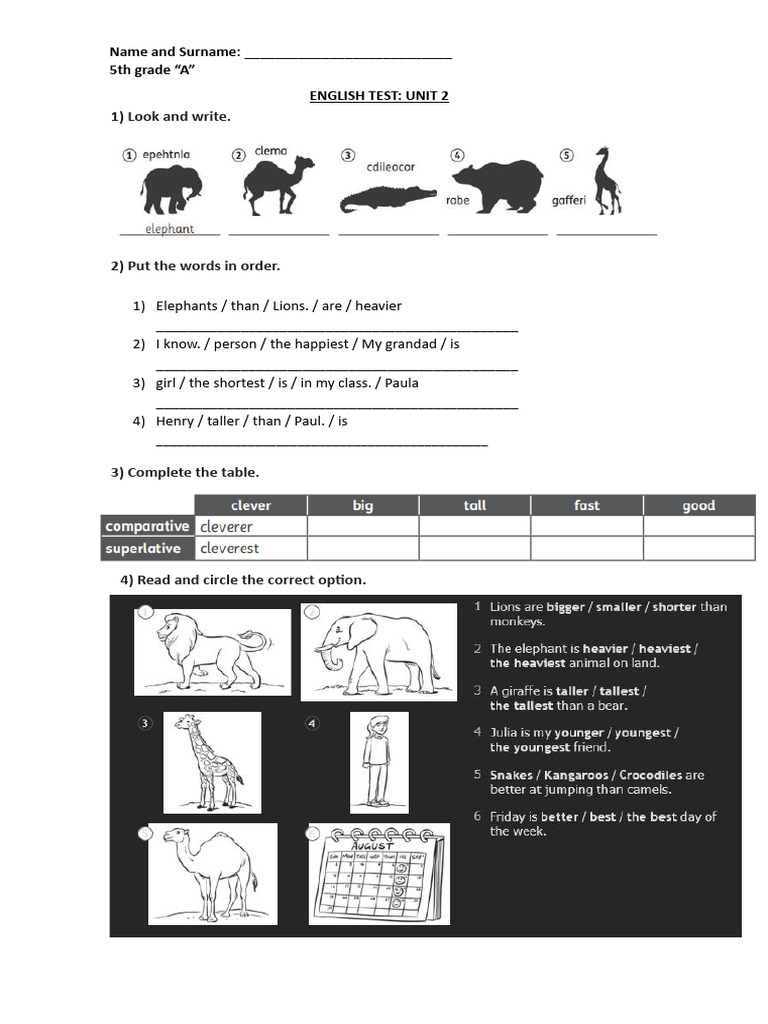 English Test Unit 2 5th Grade Pdf
