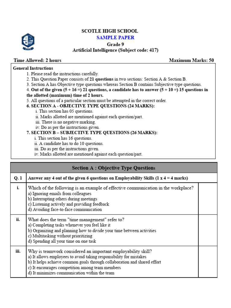 Scotle High School Grade 9 Artificial Intelligence (Subject Code: 417 ...