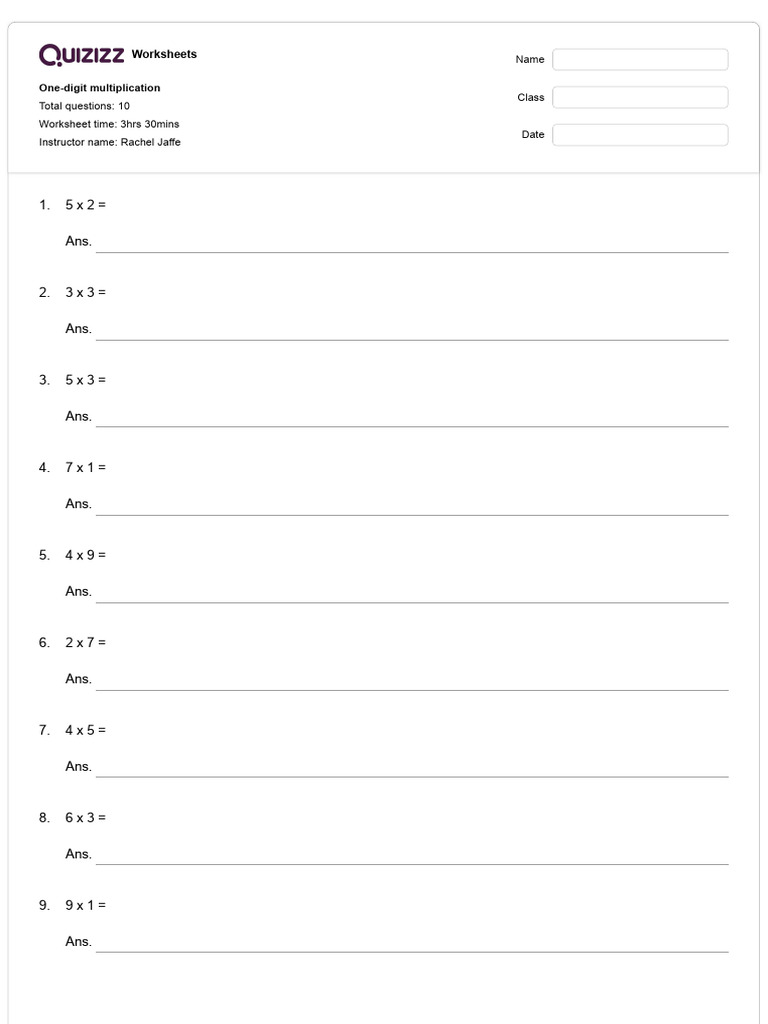 One digit multiplication quizizz pdf