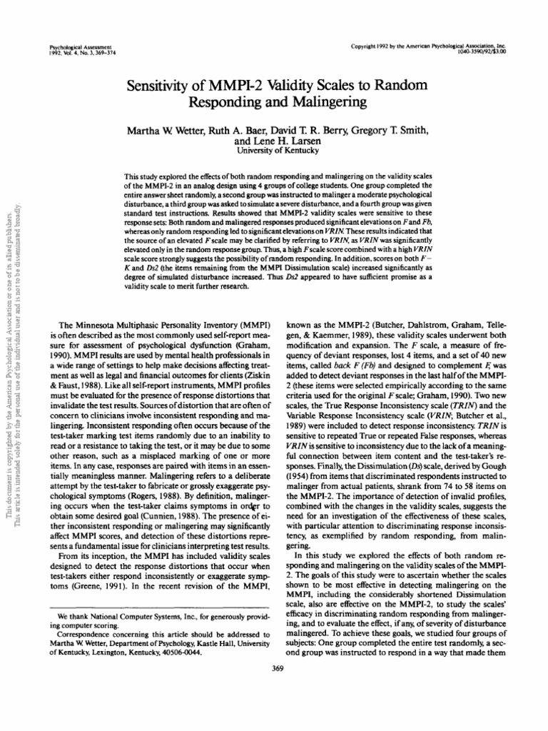 Sensitivity of mmpi 2 validity scales to random responding and