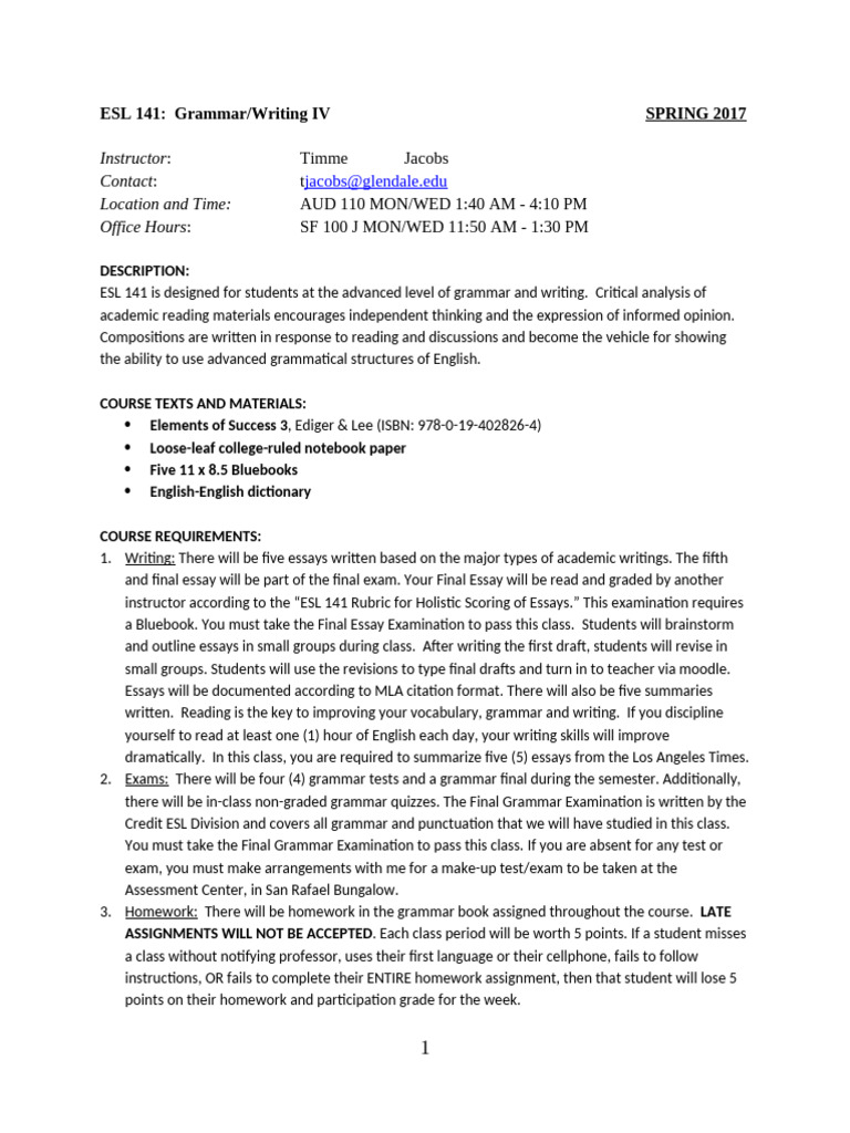 ESL 141 SP 17 JACOBS Syllabus | PDF