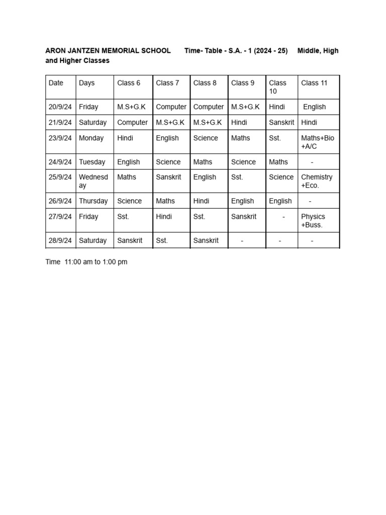 S.A 1 Time Table (Middle To Higher) | PDF | Language Arts & Discipline ...