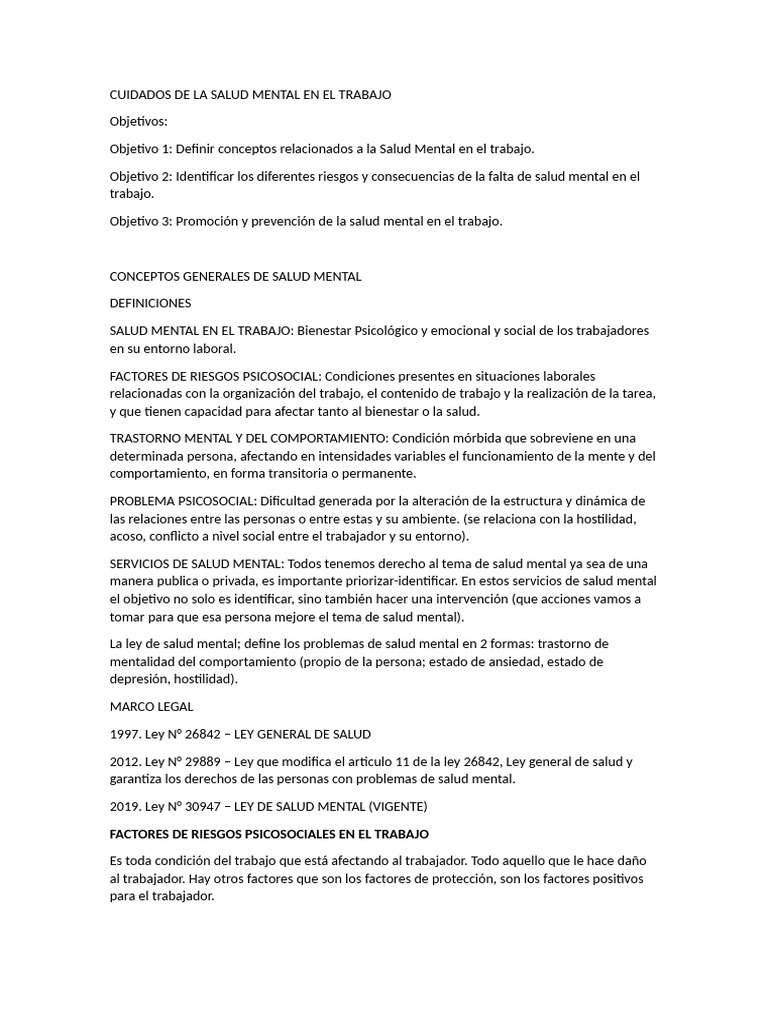 Cuidados de La Salud Mental en El Trabajo | PDF