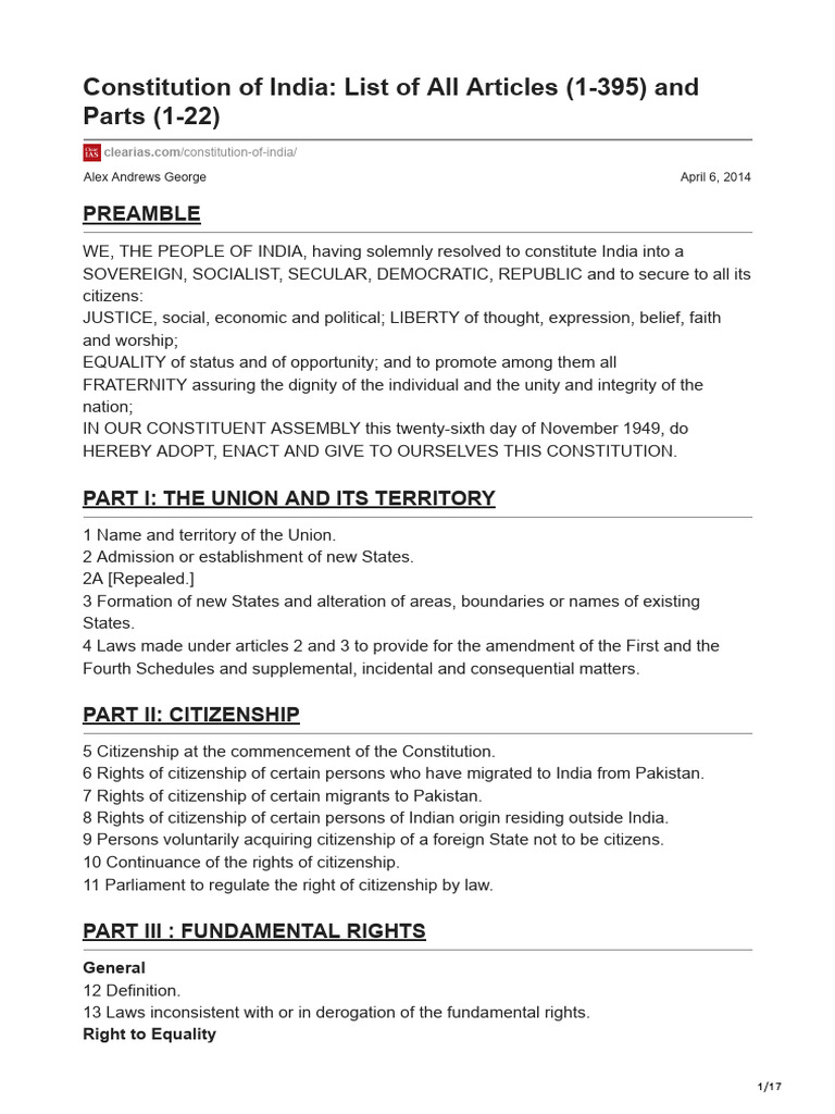 Constitution of India List of All Articles 1-395 and Parts 1-22 | PDF