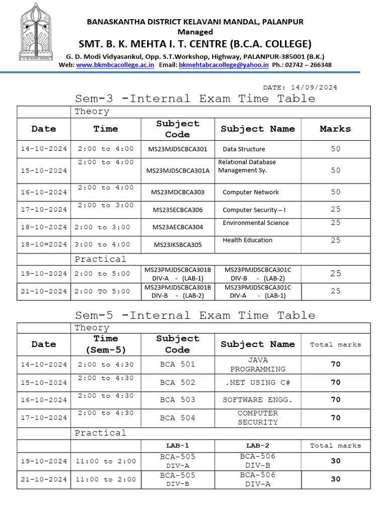 Internal Time Table (Sem-5, Sem-3) | PDF