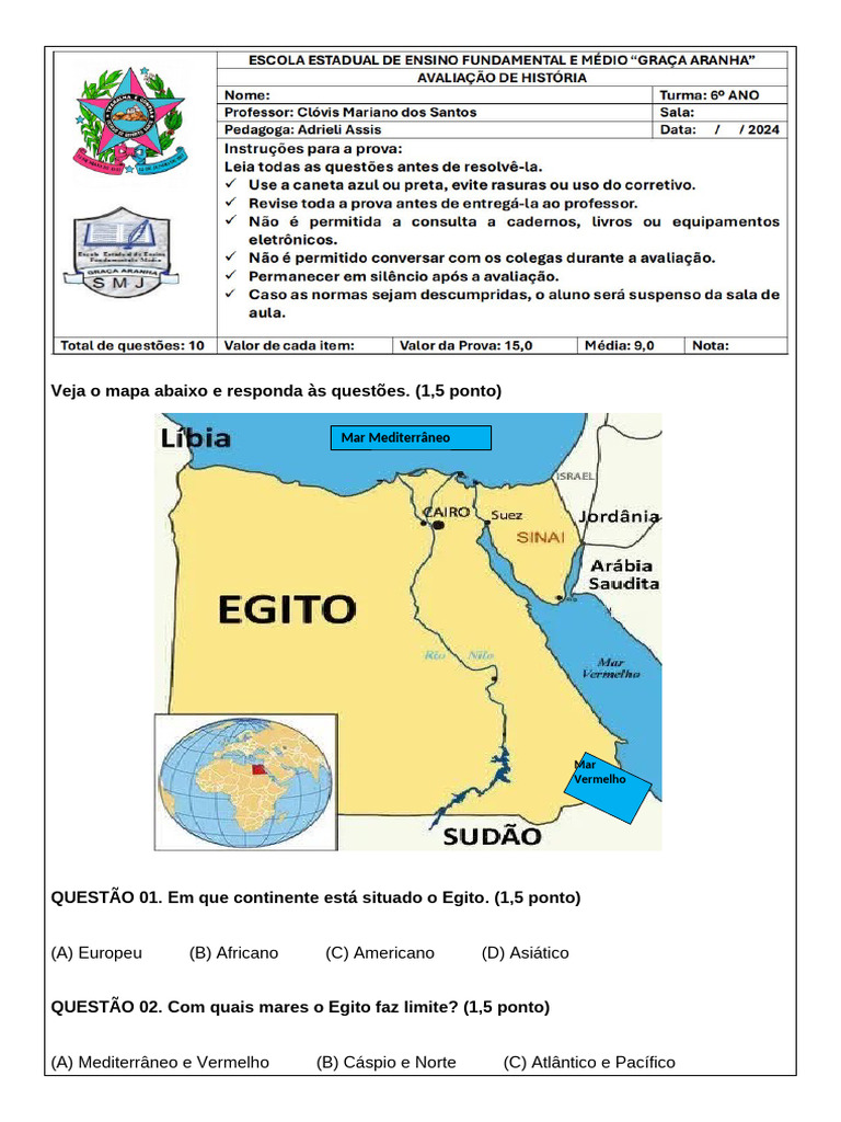 Questões sobre o Egito Antigo - 6º Ano | PDF | Antigo Egito | Egito