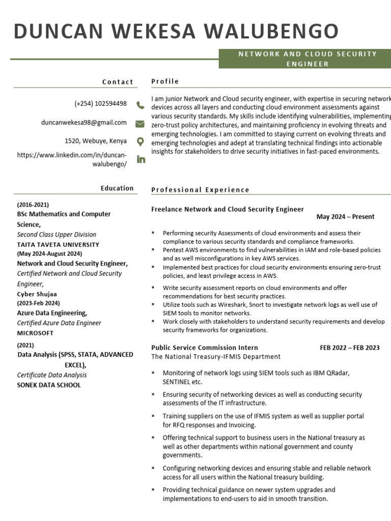 Cloud and Network Security Engineer-Duncan Walubengo CV | PDF