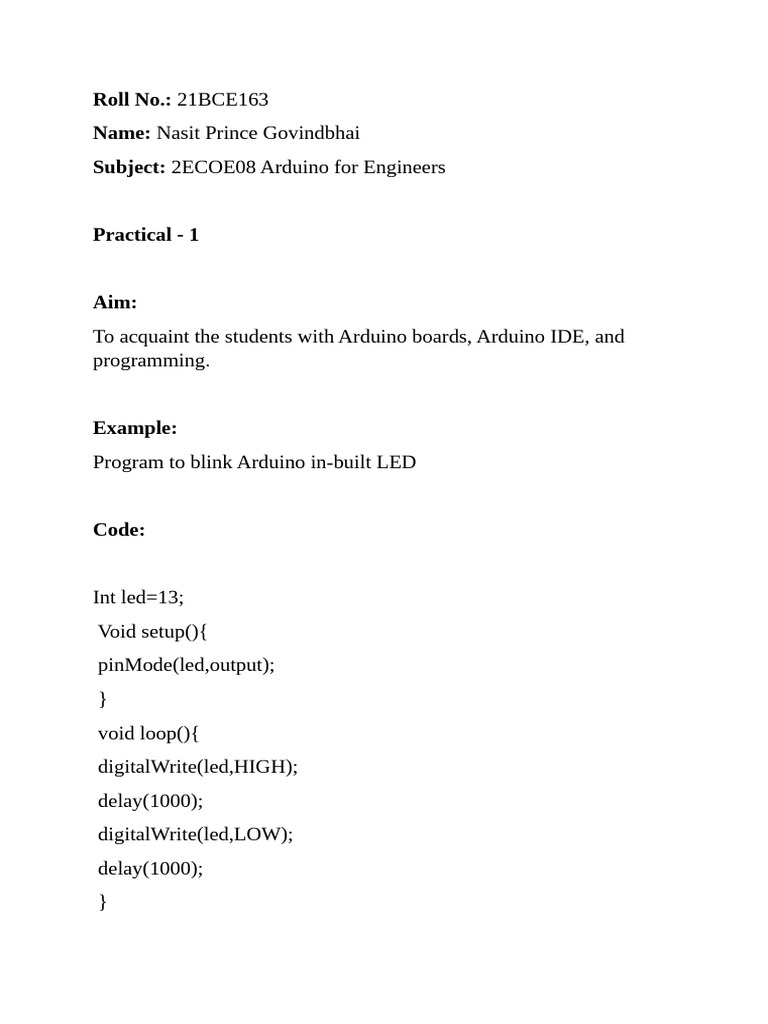 21BCE163 Arduino Practical 1 | PDF