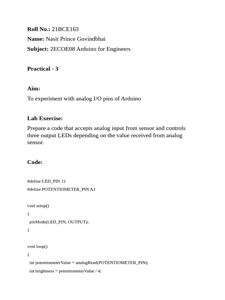 21BCE163 Arduino Practical 3 | PDF