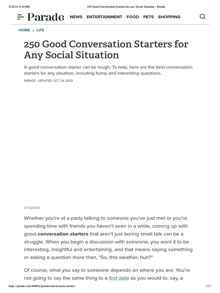 250 Good Conversation Starters For Any Social Situation - Parade | PDF