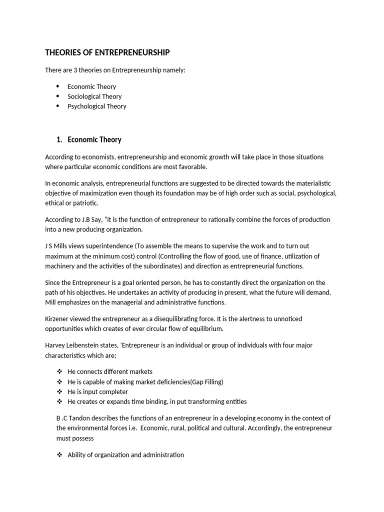 Theories of Entrepreneurship | PDF