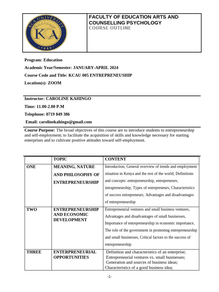 Entrepreneurship Course Outline Pdf