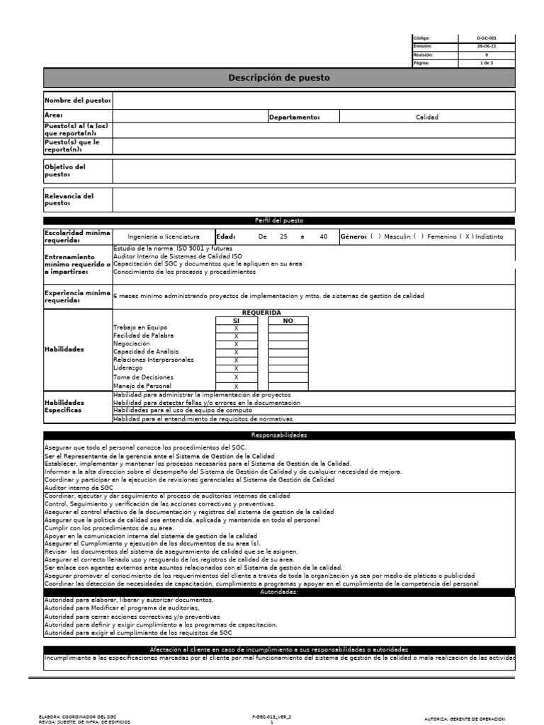 Descripción del Puesto: Coordinador SGC | PDF | Sistema de manejo de ...