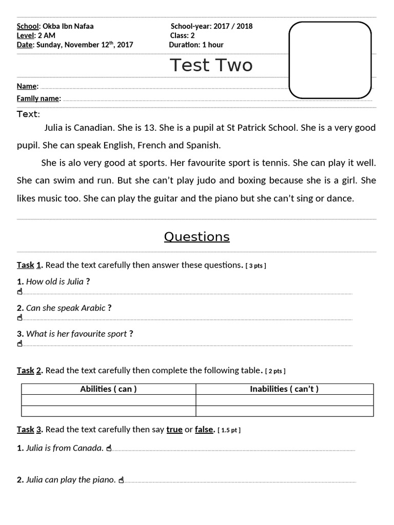 Test Two. Sunday, November 12th, 2017 | PDF