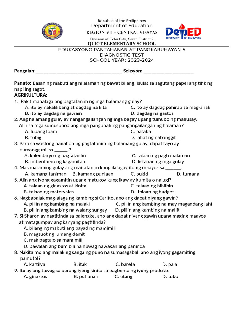 Diagnostic Test in Epp5 2023 2024 | PDF