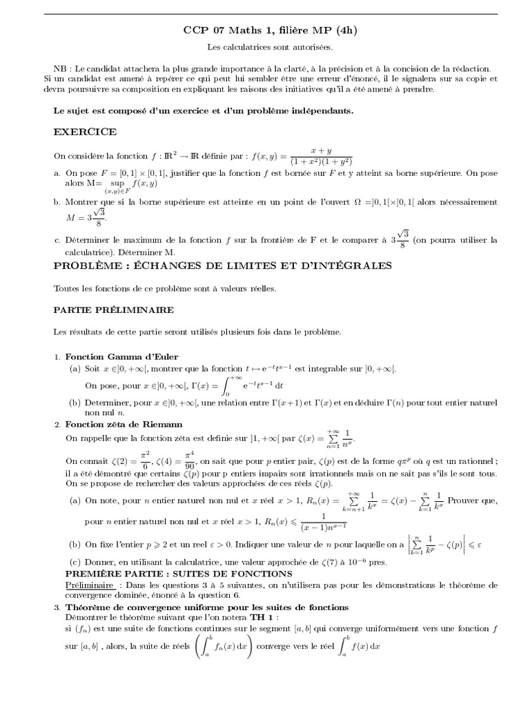 CCP Maths 1 MP 2007 Epreuve | PDF
