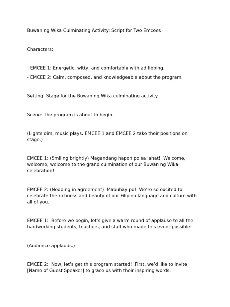 Buwan ng Wika Emcee Script 2024 | PDF | Language Arts & Discipline ...