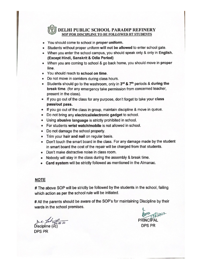SOP For DIscipline at School | PDF