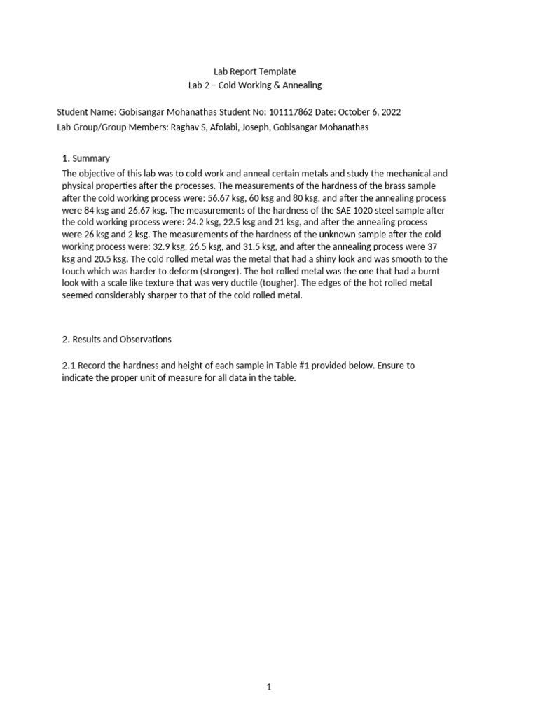MAAE2700 Lab 02 Metal Forming & Annealing - 101117862 | PDF
