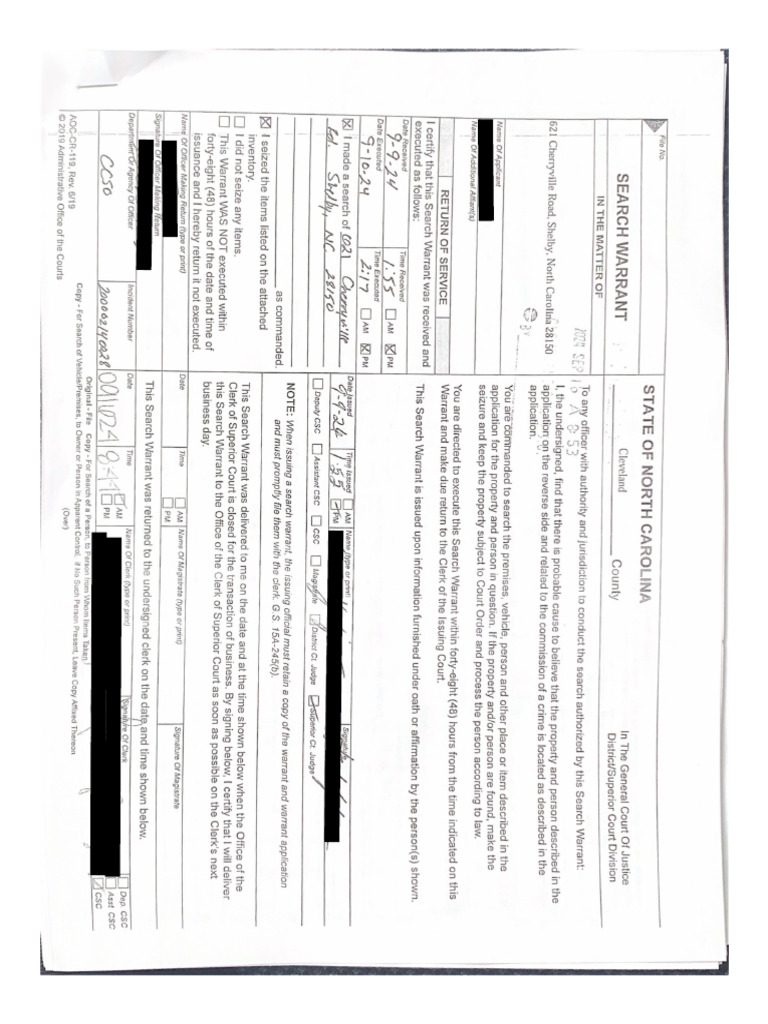 CCSO Search Warrant 2 - 621 Cherryville Road (Edited) | PDF