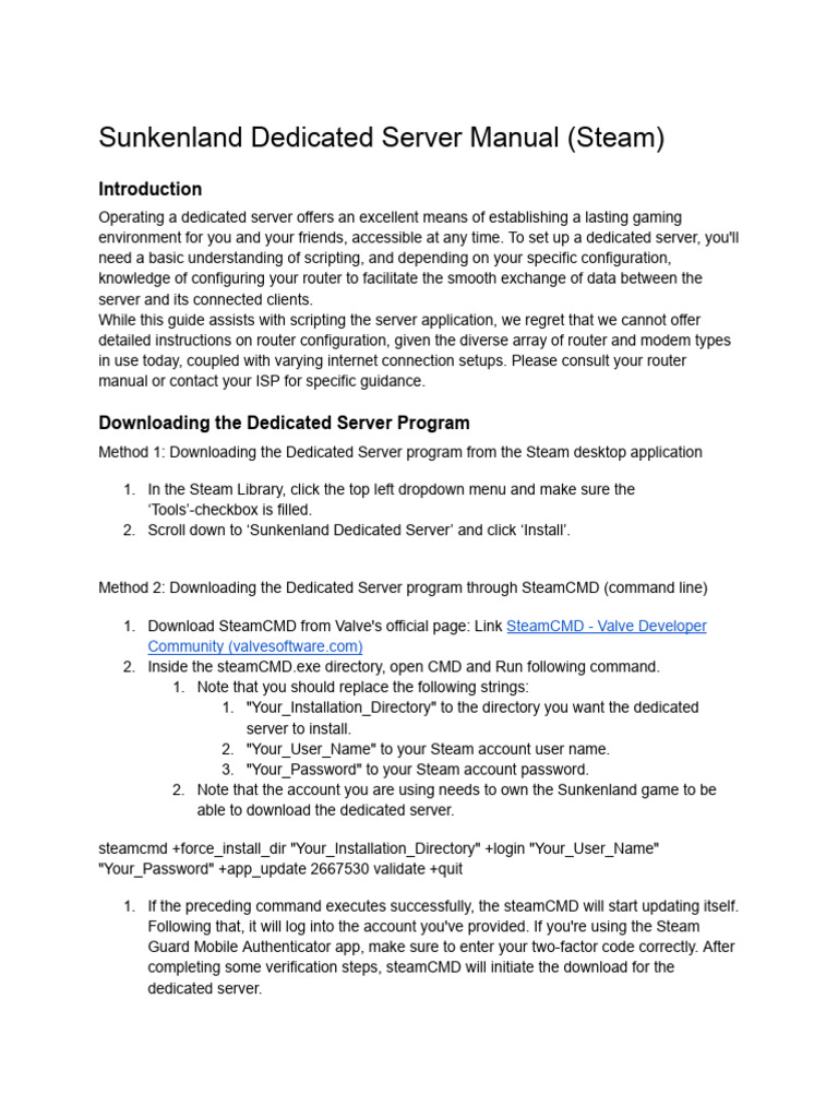 Sunkenland Dedicated Server Manual (Steam) 20240202 | PDF