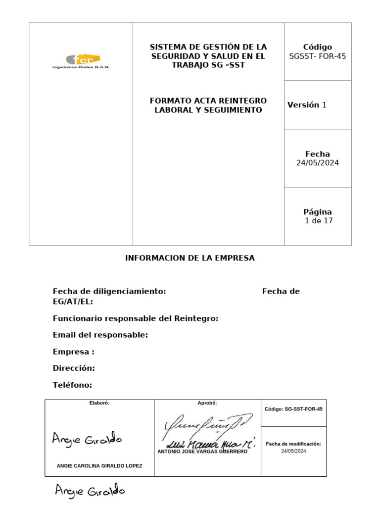 For-45 Formato Acta de Reintegro Laboral y Seguimiento | PDF