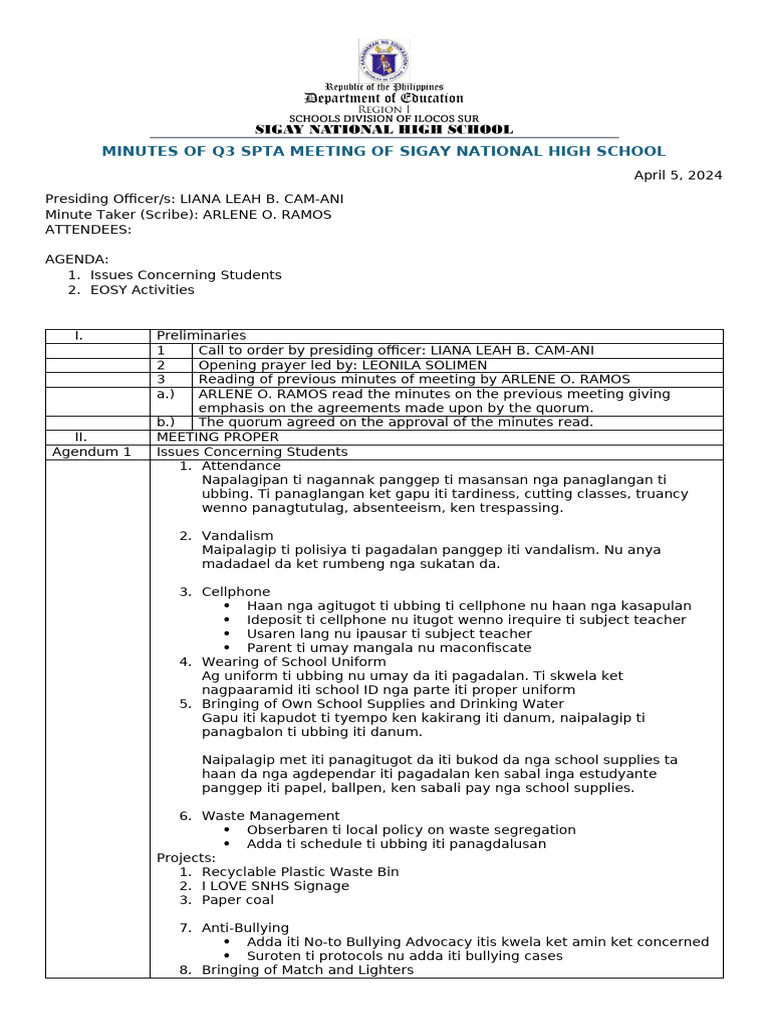 Q3 Spta Minutes of Meeting | PDF