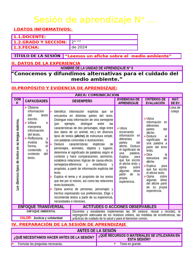 Sesión Leemos Un Afiche Sobre El Cuidado Del Ambiente Maestra Janet | PDF